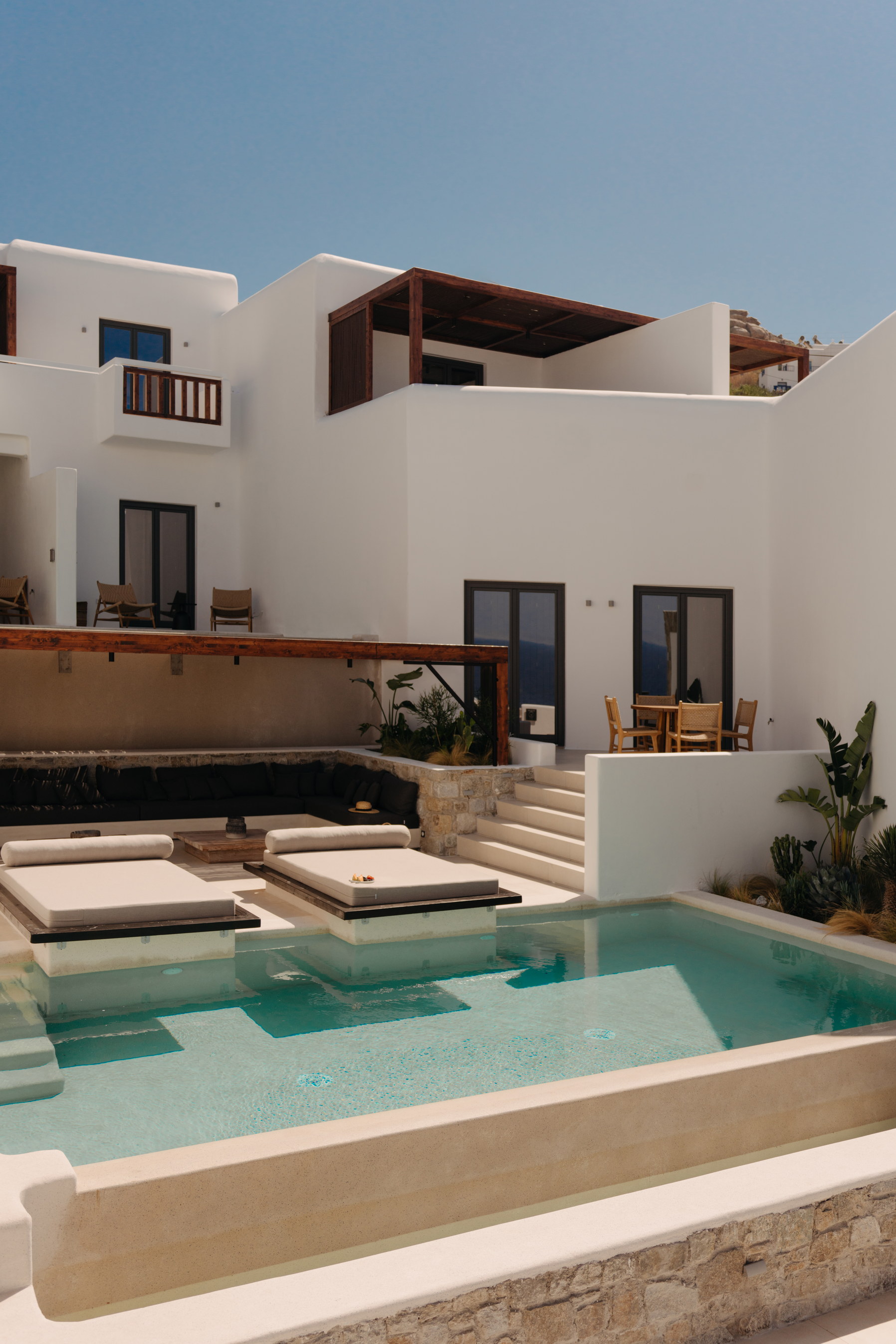 An indoor lounge area at Bard de Sol on the west coast of Mykonos