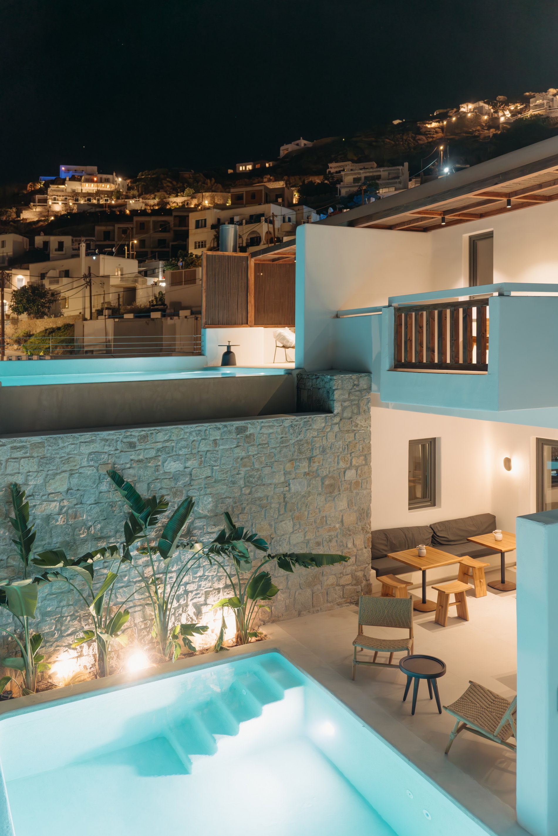 Whitewashed Cycladic architecture and a plunge pool at Bard de Sol on the west coast of Mykonos