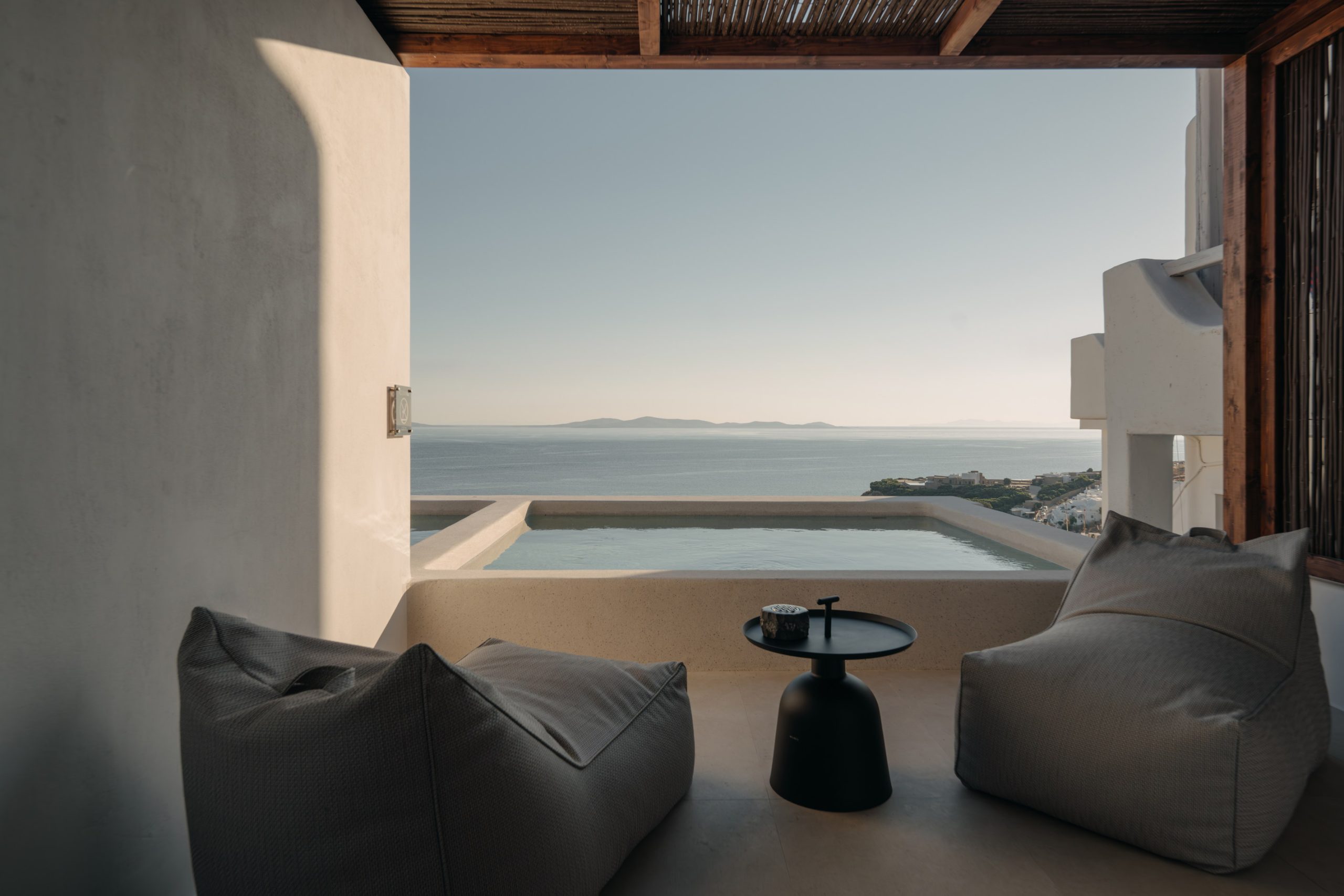 Quiet whitewashed courtyard at Bard de Sol, minutes from Mykonos Town